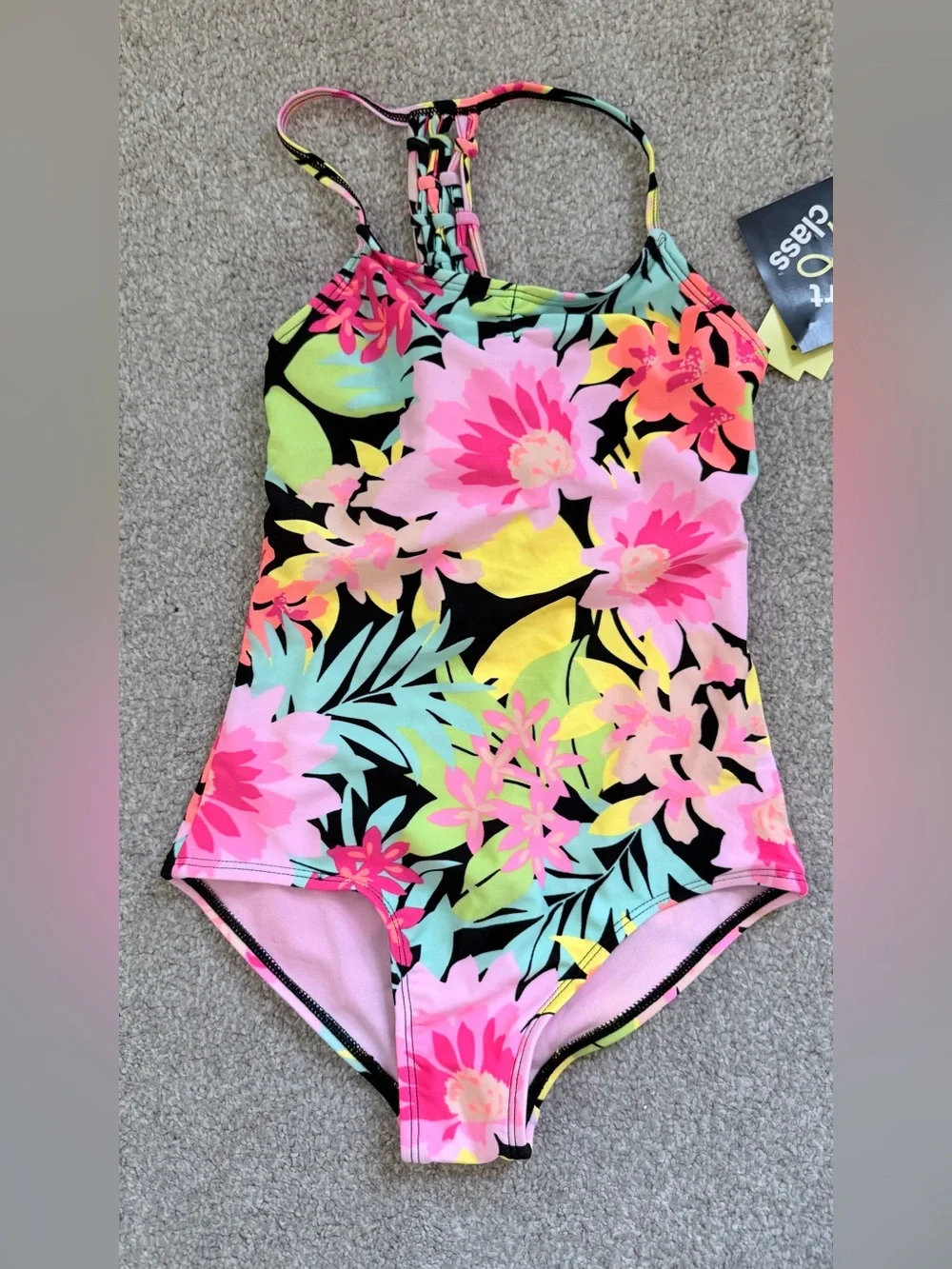 NWT Girls' Pink Floral One-Piece Swimsuit with back tie size small 6/7